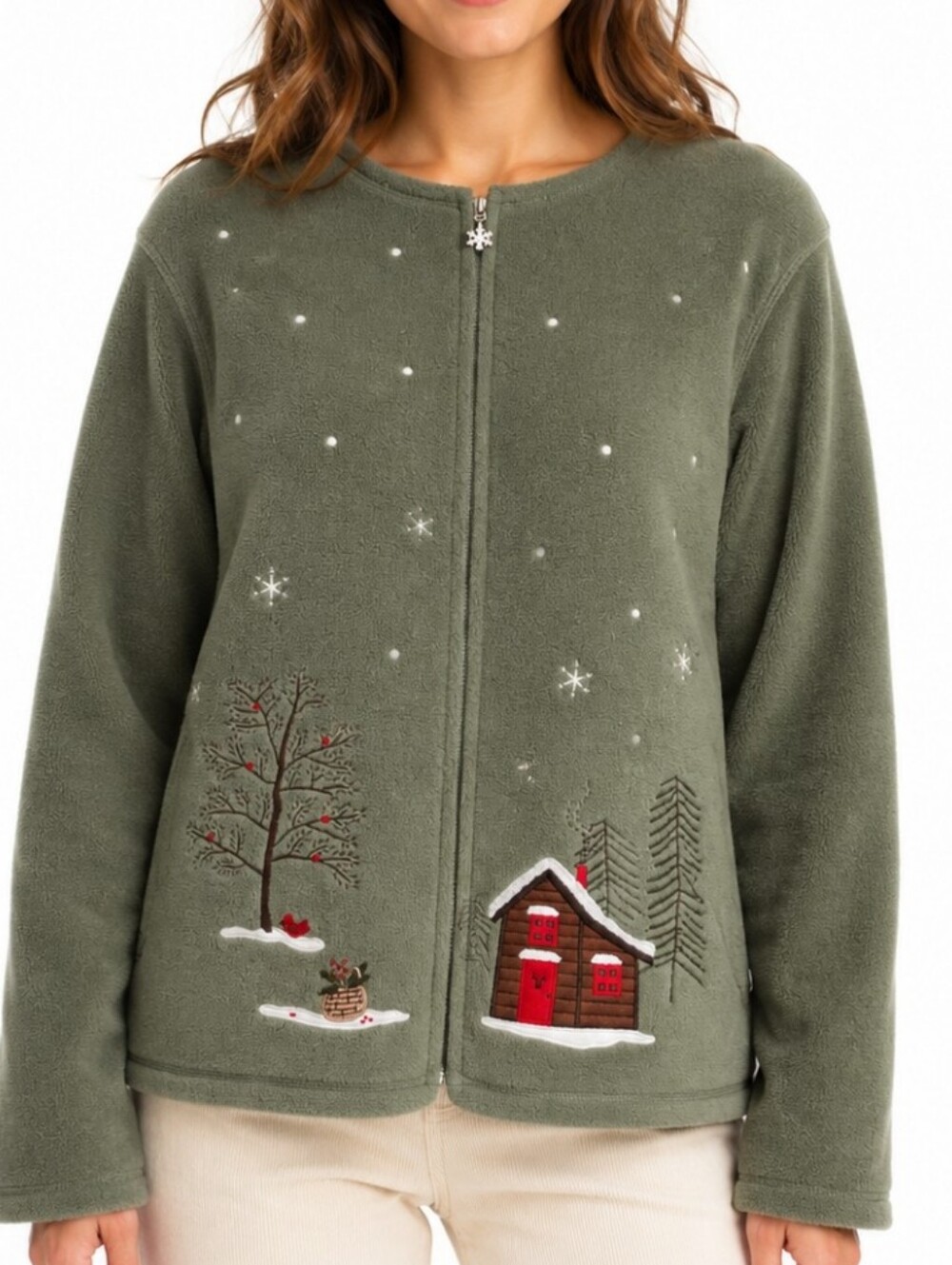 Accent Green Fleece Christmas Cabin Snowflake Full Zip Jacket Medium Cottagecore